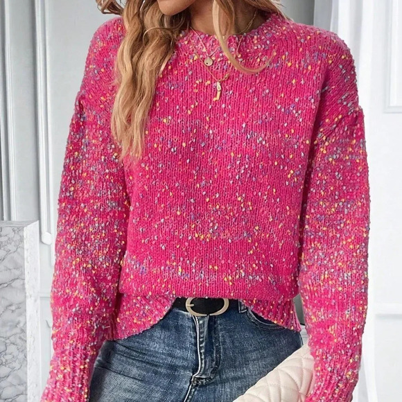 . Sweaters - Hot Pink Casual Womens Space Dye Drop Shoulder Sweater